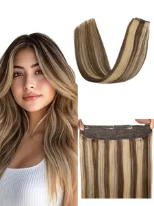 Human Extensions Women Long Straight Fish Line Wig Cap Clip Extension 14-22inch Fashionable Halo Hair 1 Pieces All Season Wear