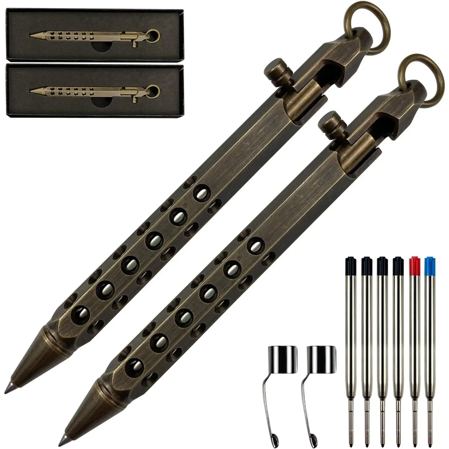 Bolt Action Solid Brass EDC Pen with Refills and Clip - Six-Edge Metal Pocket Pen for Business, Signature, Gifts
