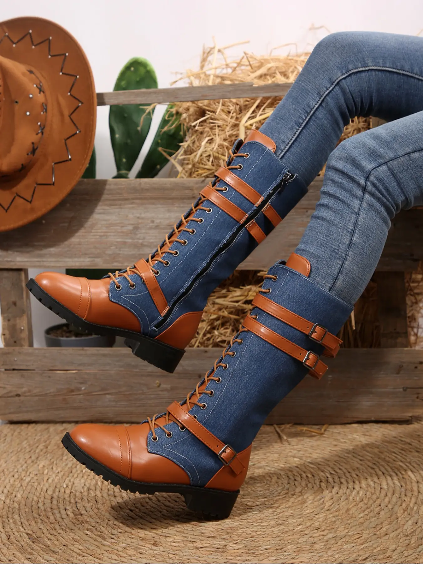 Women's Long Motorcycle PU Leather Boots, Cowgirl Western Boots, Cowboy Style Western Style Round Toe Thick Sole, Durable Comfortable Design, Perfect for Casual Wear