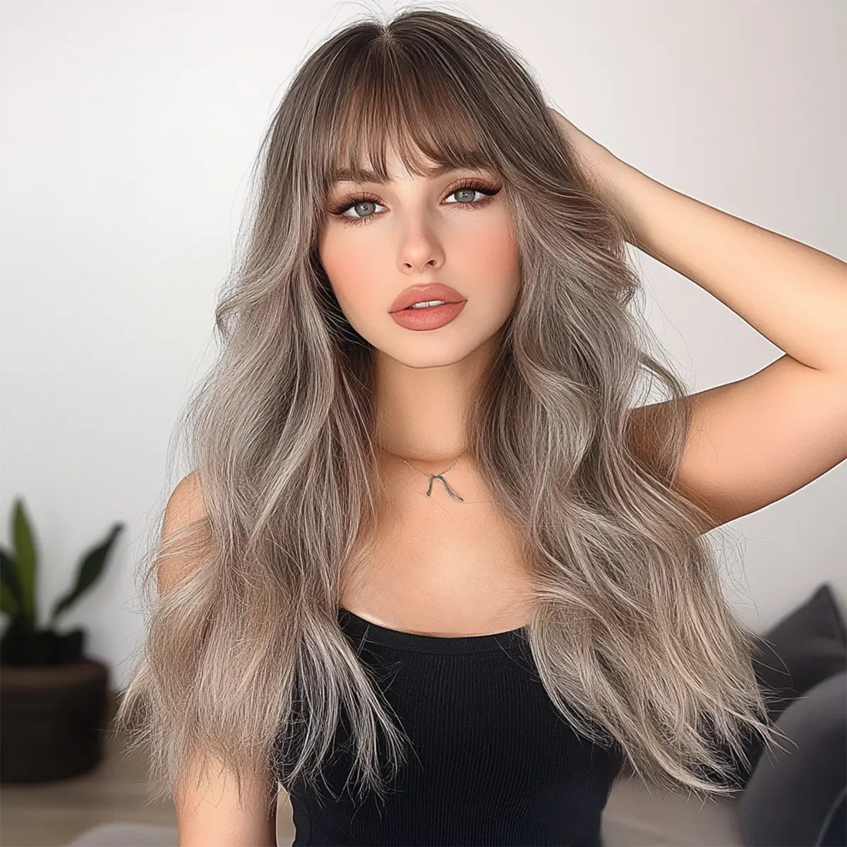 Smilco 26-Inch Ash Blonde Ombre Synthetic Wig - Machine-Made, Pre-Styled Chic Waves, Ombre Effect | SM457