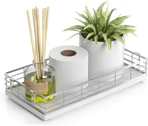 Toilet Paper Basket, 13 Inch Oak and Iron Bathroom Tank Tray Top of Toilet Storage Toiletries Organizer for Bathroom, Living Room and Kitchen (White)
