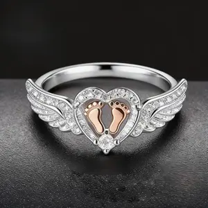 Angel Wing Heart Footprint Ring, Sterling Silver Mommy of an Angel Memorial Jewelry, Sentimental Remembrance Ring for Mom and Women, Precious Memory Gift for Birthday, Christmas, Holiday or Angel Baby Remembrance