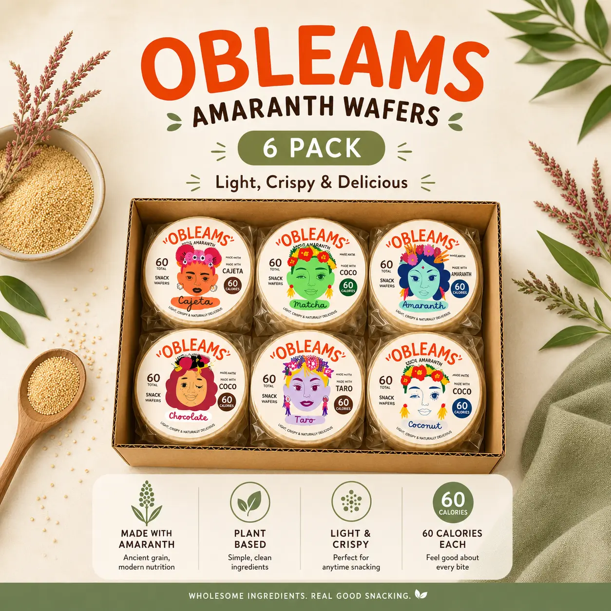 Amaranth Wafers: Vegan, Sugar-Free Superfood Snack (6 Packages)