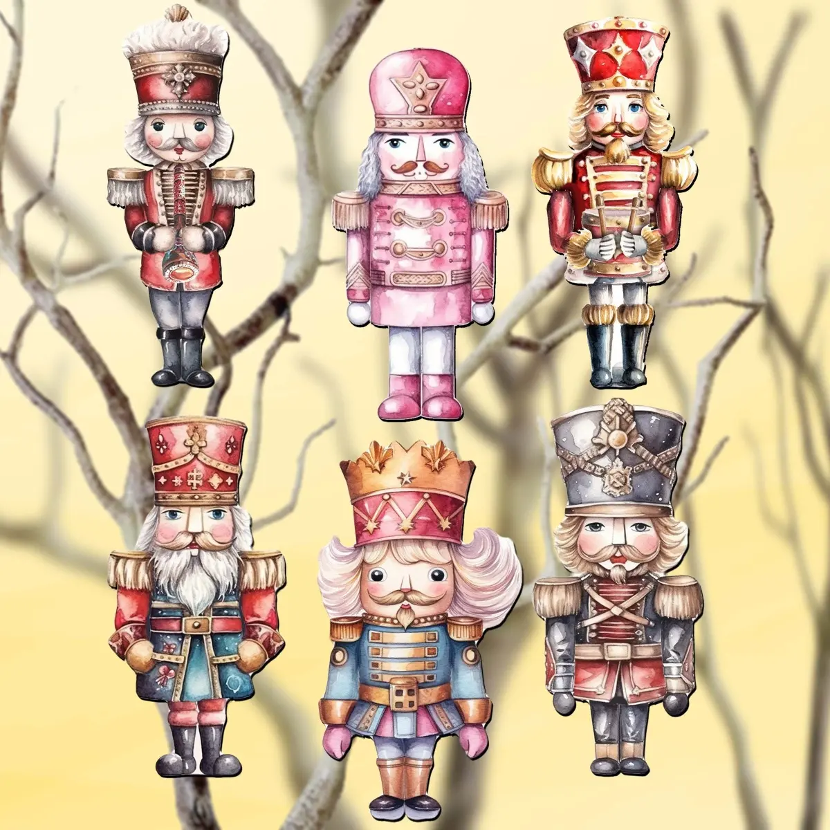 212 Main Wooden Nutcracker Clip-On Christmas Ornaments - Miniature 2 x 2 x 0.25 in UV Coated Decorative Clips, Handcrafted Holiday Tree Figurines & Miniatures, Set of 6, Handmade CA, 0.8 lbs