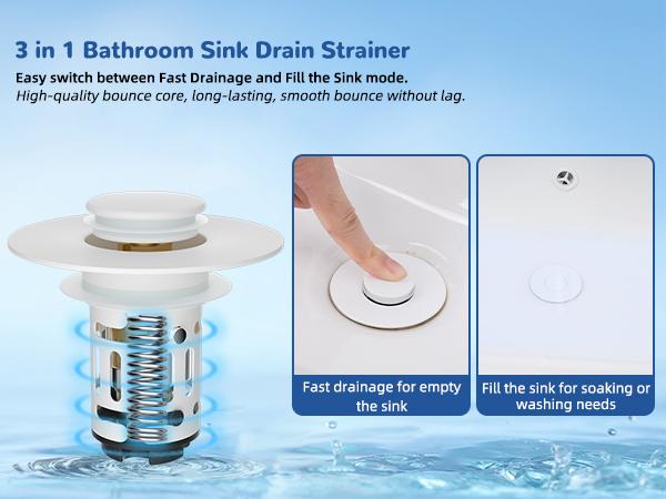 Hibbent Upgraded 3 in 1 Bathroom Sink Drain Strainer, Universal Pop Up Stopper with Removable Stainless Steel Filter Basket Hair Catcher, Sink Plug for 1.1''~2.36'' Basin, Brass Bullet Core, White