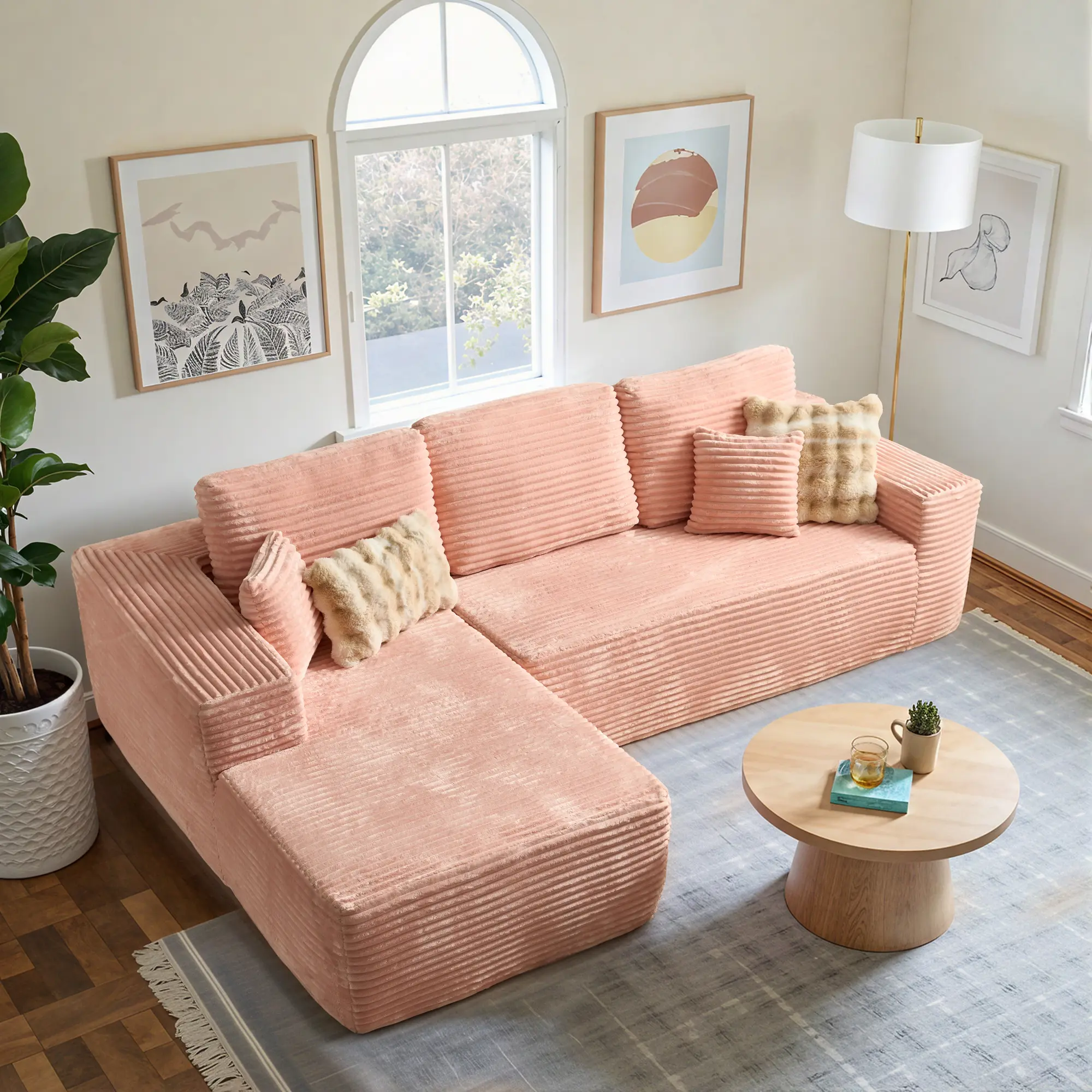 HOOOWOOO 108" Modular Pink Cloud Couch with Chaise Lounge, 【2 Packages Shipping】Modern Sectional Boneless L-Shaped Modular Plush Corduroy Sofa for Living Room Bedroom, No Assembly Required, Pink