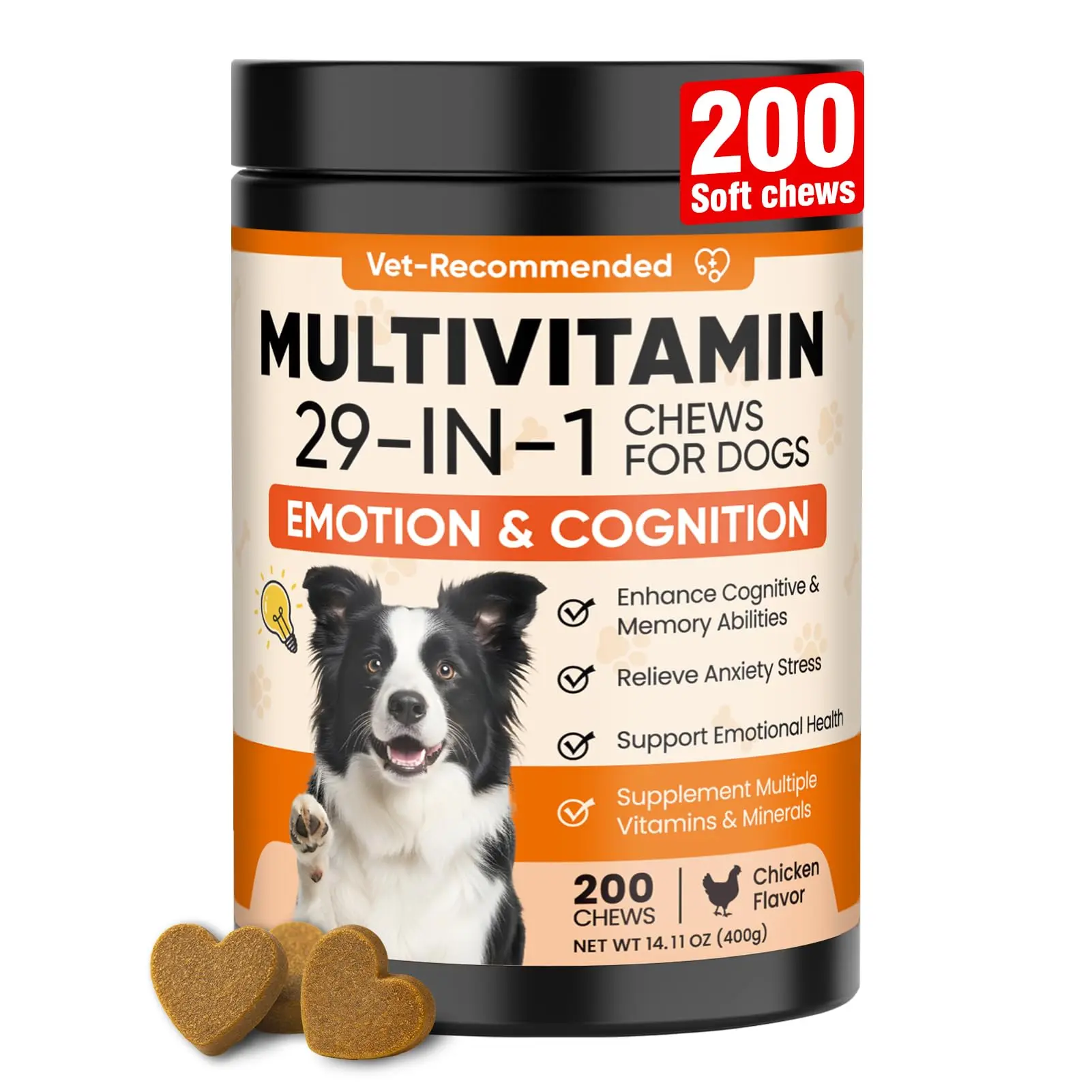 29-in-1 Dog Multivitaminn  Chews 200 Count with Omega-3 Melatonin L-Theanine Daily Wellness & Cognitive Support Chicken Flavor