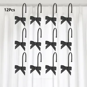 CozyRepublic|12PCS Black Bow Knot Shower Curtain Hooks for Bathroom & Nursery Decor Durable Art Deco Rings for Versatile Use Decorative shower curtains shower curtain shower curtain sets
