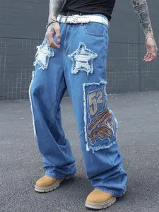 Men's Streetwear Y2K Star Washed Vintage Embroidery Design Loose Jeans, Fashionable Straight Leg Long Pants, Casual Style