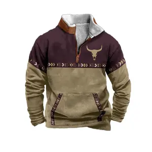 Mens Aztec Bull Print Fleece Pullover Zipper Jacket, Longsleeves Polyester Stretch Plaid Outerwear, Vintage Fall Winter Sports & Outdoor Coats Tops