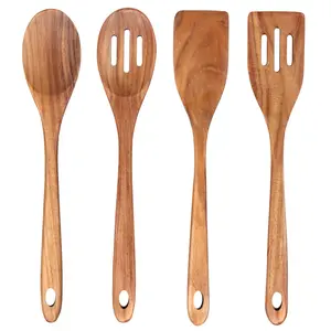 4 Pieces Teak Wood Utensils Set for Cooking Spatula Wooden Kitchen Utensil Non Toxic Spoon Slotted Turner Long Spatula for Kitchen Use Tools Cooking Utensils Mixing Serving Spoons