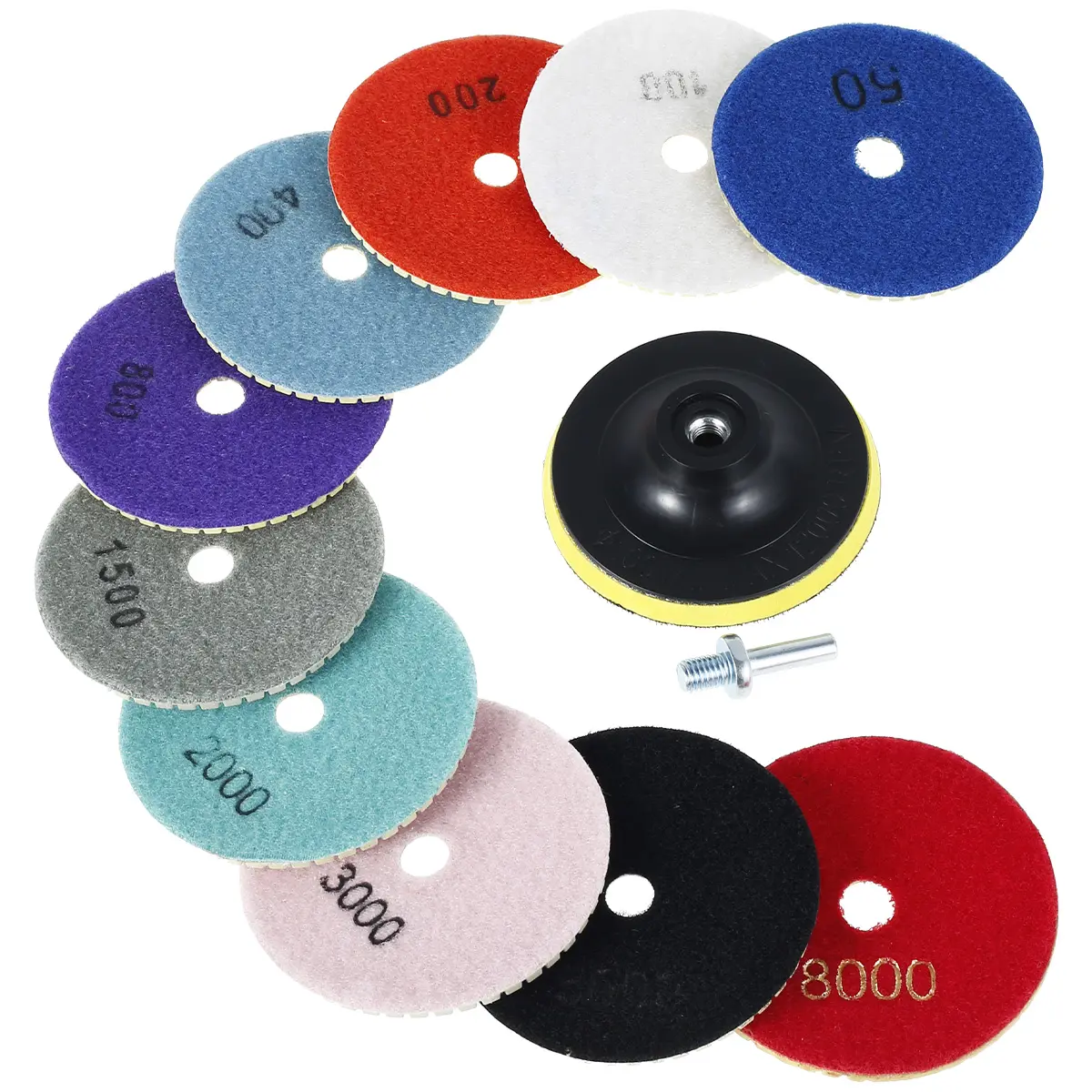 12Pcs Diamond Polishing Pads Set, 4 Inch 50-8000 Grit Wet/Dry Diamond Buffing Pads - Quick Change Polishing Accessories for Granite, Marble, Stone, Tile, Glass, with Sticky Tray & Drill Adapter