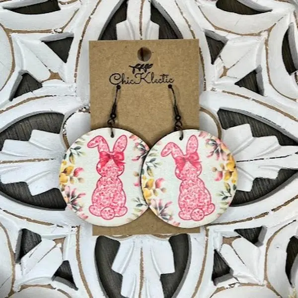 Spring Easter Pink Bunny Sublimated Wooden Earrings - casual, bridesmaids, rustic - Fashion Accessory handmade dangle