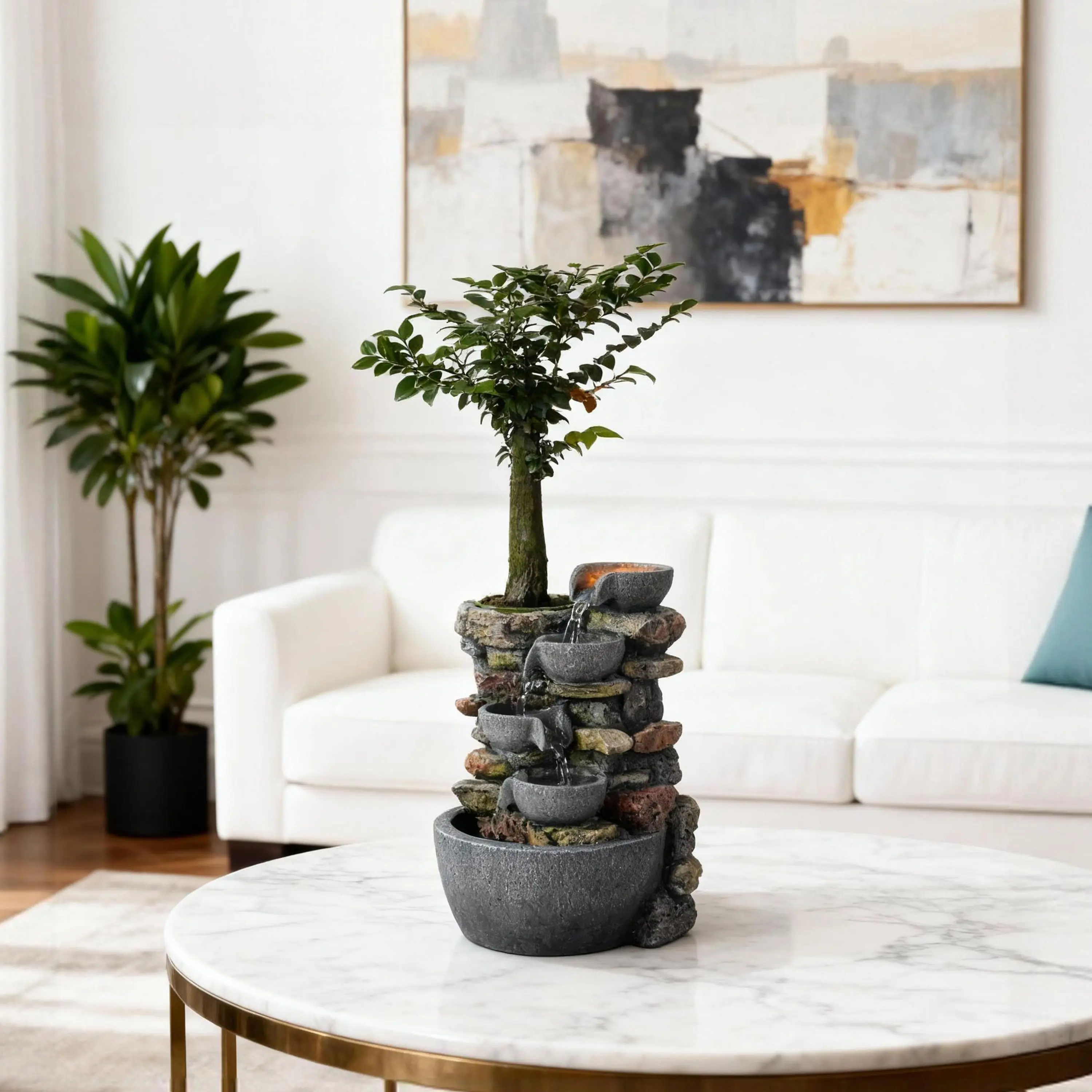 Polyresin Desktop Fountain - 4-Basin Artificial Hill Bowl, 6.5 x 5.5 x 9.8 inches Lightweight DIY Plantable Statue, LED Light Relaxing Zen Home Decor, Decorative Sculptures for Stress Relief Unique Gift