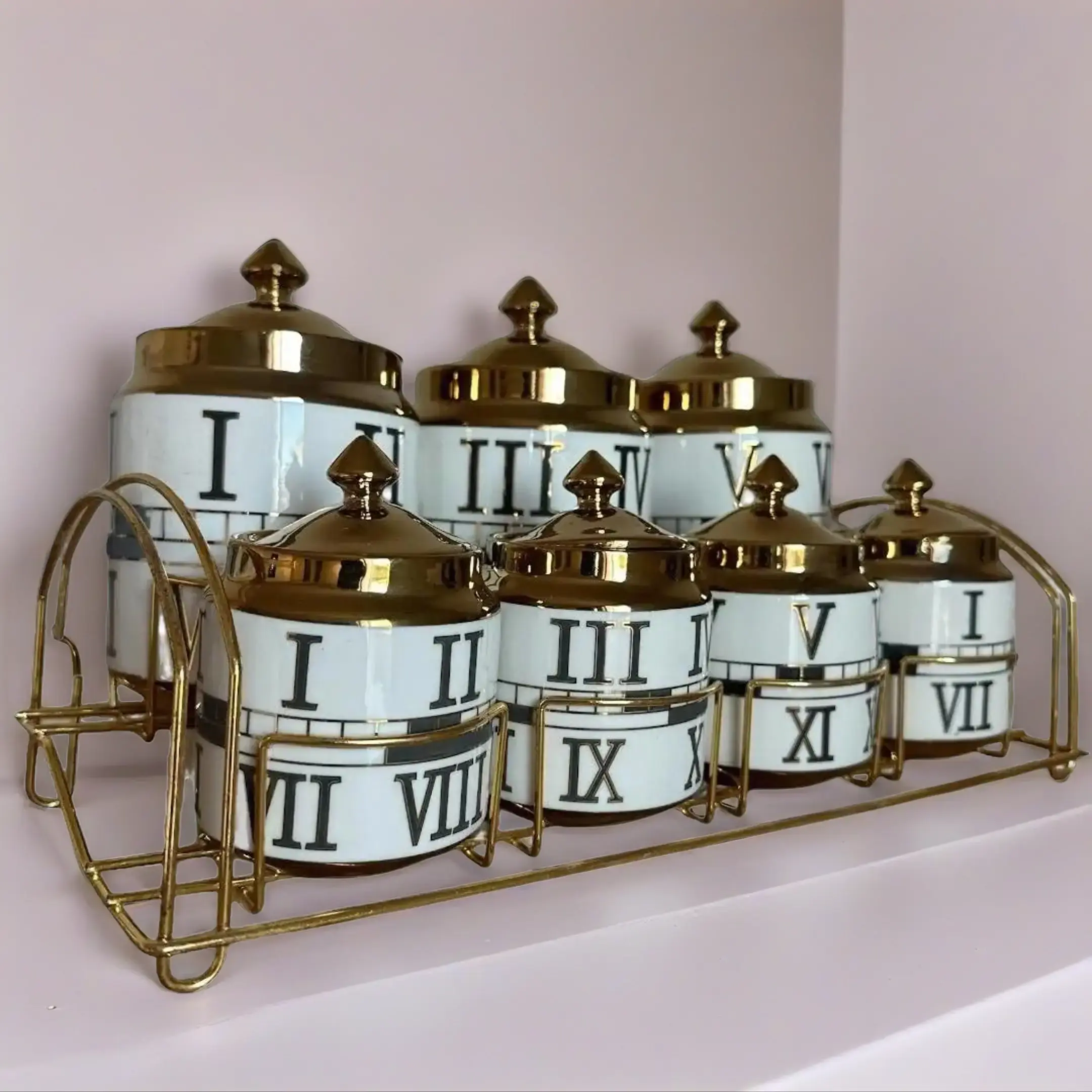 Roman Numeral Ceramic Canister Set - White & Gold Luxury Kitchen Storage Containers, Sealed Jars for Kitchen Utensil Organization