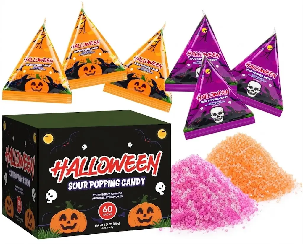 60 Pack Halloween Sour Popping Candy Individually Wrapped Popping Rocks Candy Trick or Treat Candy for Kids Halloween Party Favors Goodie Bags & Boo Basket Stuffers