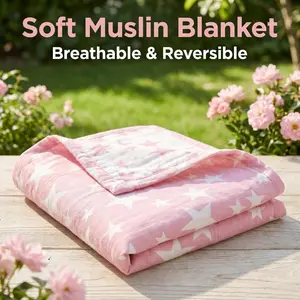 [Memorial Day Sale]NTBAY 30x40 Inches Muslin Cotton Bed Blanket - 3-Layer Lightweight Thermal Soft Blanket for All Seasons, Reversible Star Jacquard Throw for Stroller, Travel & Bedding