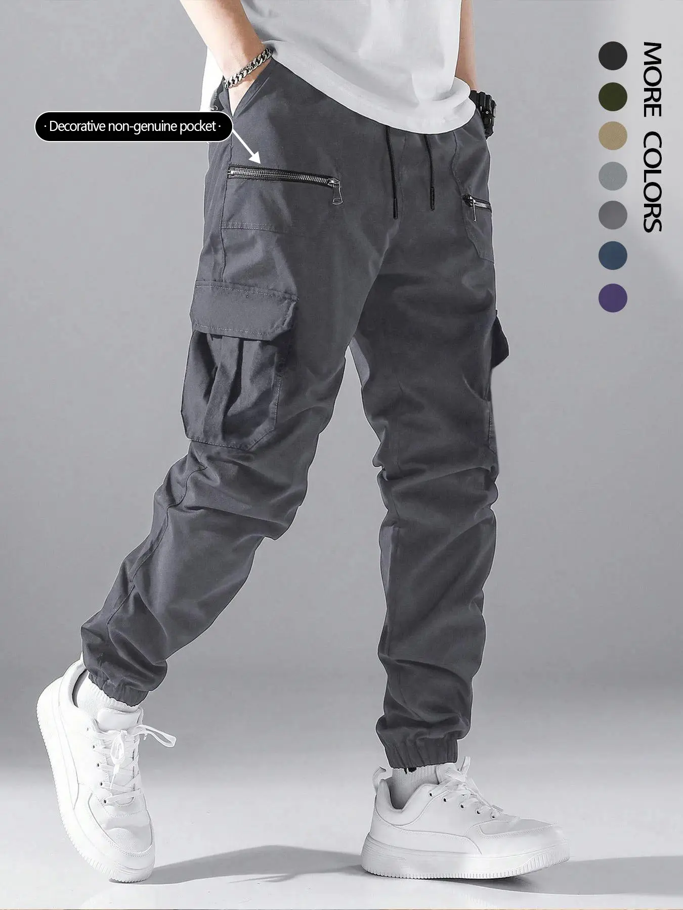 Men's Loose Solid Color Cargo Pants with Drawstring Waist, Zipper and Pockets, Street Fashion Jogger Trousers, Casual Athletic Pants for Daily and Outdoor Wear, Suitable for All Seasons, Menswear, Sportswear, Activewear