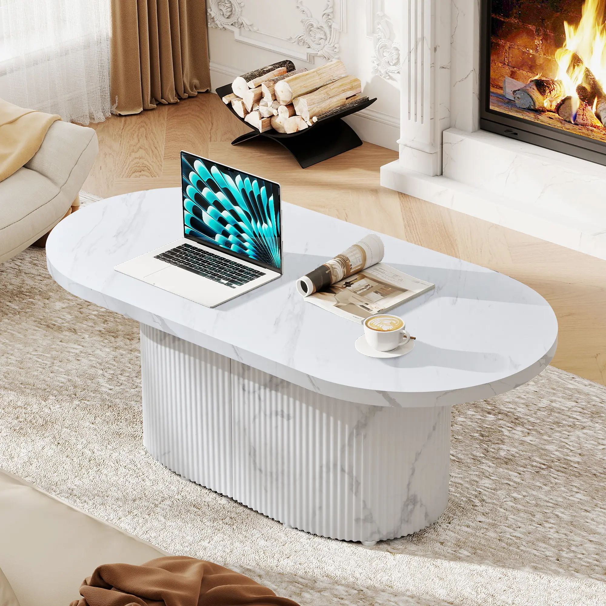 Giratree Oval Coffee Table, Modern Faux Marble Wood Coffee Table, Fluted Small Center Table Easy Assembly for Living Room