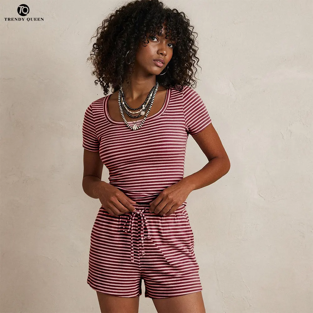 Trendy Queen Women's Striped 2 Piece Set For Summer Short Sleeve Scoop Neck Top and Matching Shorts Summer Lounge Wear Casual Shortsleeve clothes