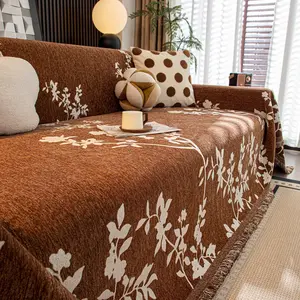 All-Season Brown Base with White Floral Chenille Sofa Cover, Sofa Couch Cover, Sofa Slipcover, Luxury Modern Home Decor Throw, Soft and Skin-Friendly to Create a Cozy Home Atmosphere