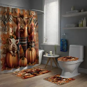 13-Piece Fall Farmhouse Animal Shower Curtain Set with 12 Hooks, Non-Slip Bath Mat & U-Shaped Rug, Ideal for Festive Bathroom Décor