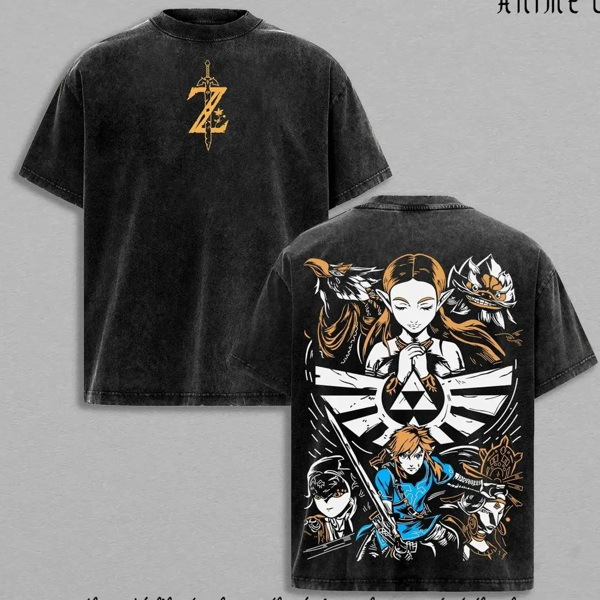 Zelda Tears of the Kingdom Washed T Shirt | Link Princess Zelda Midna Epona Triforce Graphic Tee | Hero of Hyrule Courage Wisdom Power Fantasy Game Streetwear Gift LJ4