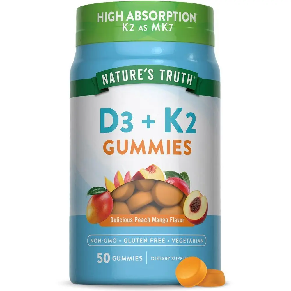 Nature's Truth Vitamin D3 + K2 Gummies - 50 Count - Peach Mango Flavor - Vegetarian, Non-GMO & Gluten Free Supplement