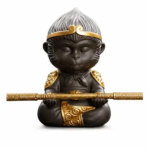 Monkey King Tea Pet Figurine, Chinese Style Zen Desk Decor Statue with Golden Staff, Wukong Inspired Tea Table Ornament for Tea Lovers
