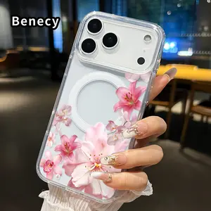 Magnetic Soft Phone Case for iPhone 17 16  Pro Max Plus 15 14 13 12 11 Air E Blush Floral Cascade Pattern Anti-Yellowing Shockproof ultra-thin Silicone Crystal Transparent Acrylic Large Hole Cover Safety Protective Casing