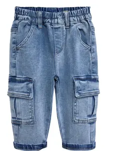 9M-14T Unisex Kids Light Wash Jeans, Stretch Cargo Denim Pants in Light Indigo, Elastic Waist with D-ring, Classic Pockets Casual Wear