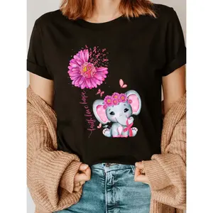 Women's Black Breast Cancer Awareness TShirt Featuring Pink Floral Elephant and Butterfly Prints with Inspirational Quotes Short Sleeve Crew Neck Casual Top SemiSheer MachineWashable Summer Spring Tee Comfortable Fit Shirt