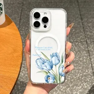 Magnetic Cellphone Cover, Chic Slim-Fit TPU Shockproof Accessory with Drop Protection, Blue Tulips Design, Psalm Quote, Soft Girl Aesthetic for iPhone 11-17 Pro, Pro Max, Plus Devices