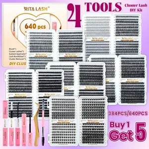 RITALASH 640/384pcs 6 Nature Styles Lash Clusters Kit, Cosmetic Makeup, 10D/20D/30D/40D/50D/60D/80D/100D/W05/W06/W02/W04 Eyelash Clusters Extensions for Beginners & Pros, DIY at Home with Bond & Seal Remover Double-Ended