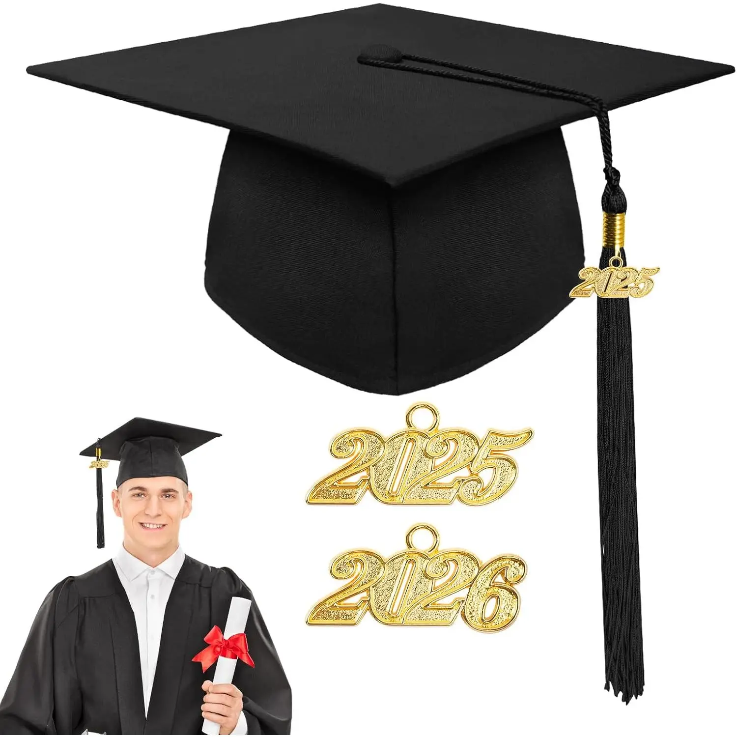 Unisex Matte Graduation Cap with  2025/2026 Year Tassel Charm,Graduation Hat for Adults Bachelor Master