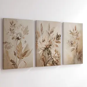 3Pcs/Set Wooden Framed Boho Beige Floral Print Canvas Posters, Neutral Botanical Wall Art, Aesthetic Room Decor, Ready To Hang, Artwork Wall Painting For Gift, Wall Picture for Living Room, Bedroom, Dining Room, Corridor, Modern Floral Paintings