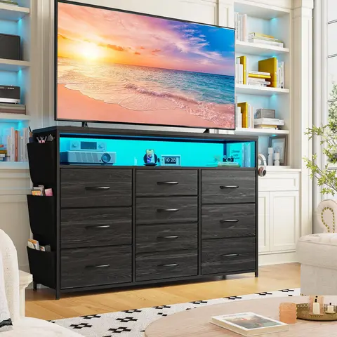 Raybee 10 Drawer Dresser for Bedroom with Wood Open Shelves, 55" TV Stand for Bedroom with Power Outlets and LED Lights, Fabric Dressers & Chest of Drawers with Side Pocket, Living Room, Closet
