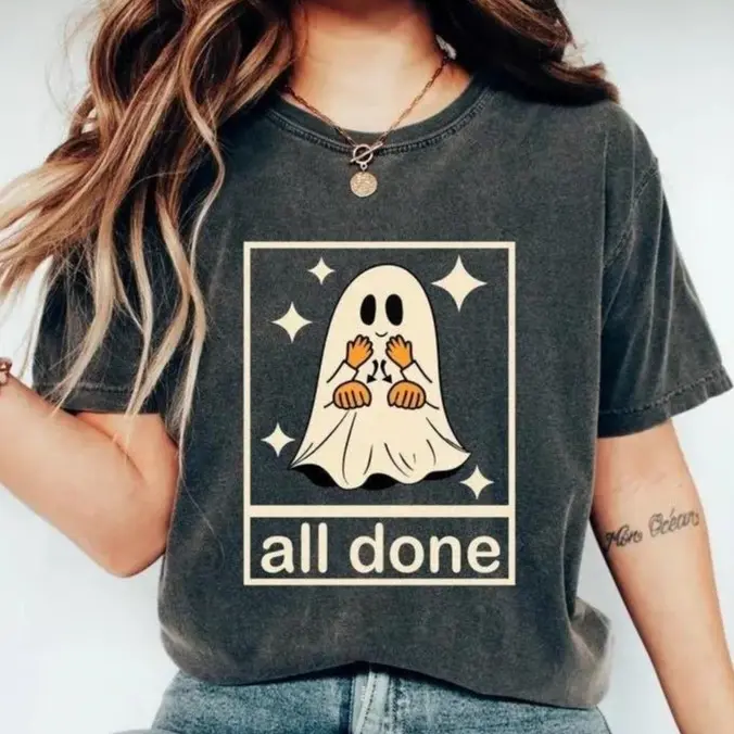 Comfort Colors All Done ASL Shirt, Sign Language Speech Pathology Tee, SPED Teacher Halloween Ghost T-Shirt, Cute Therapy Graphic Gift Unisex Fit