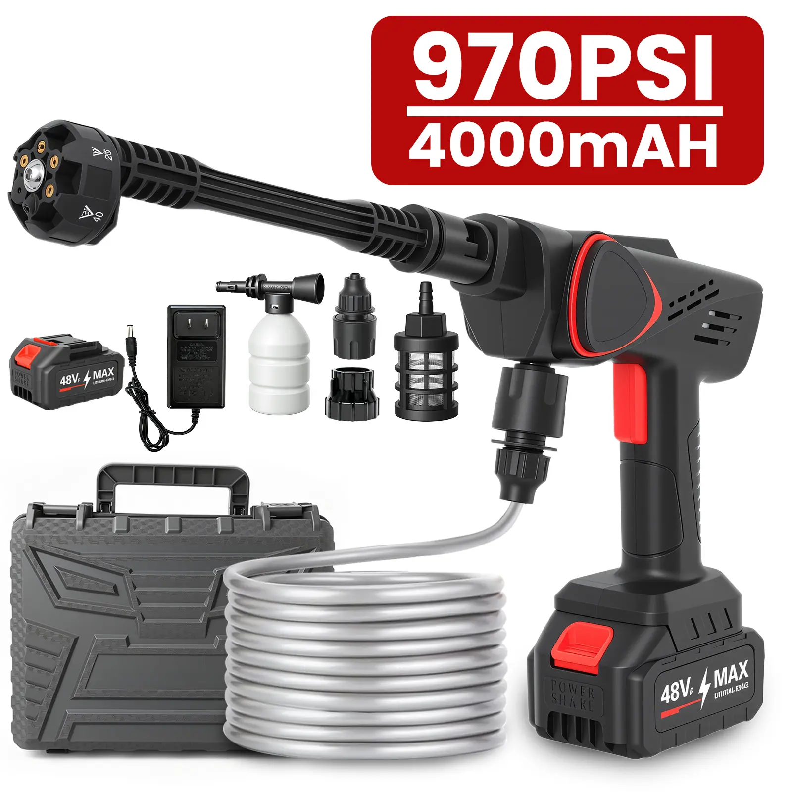 portable d, Portable Power Washer with 6-in-1 Nozzle, 48Vf Hand Held Pressure Washer with Battery, Electric Power Cleaner for Car, Garden, Home for power washer electric pressure washer