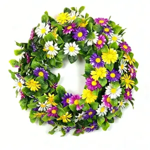 A Spring Anti-Ultraviolet Imitation Flower Wreath, Artificial Flowers, a Mixed-Color Chrysanthemum Wreath Decoration, Suitable for Hanging on Doors, Walls, Outdoor Porches, Balconies and Party Decorations