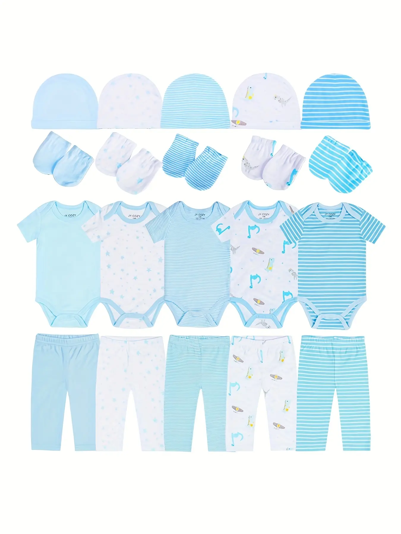 JY.COZY FOR BABY Baby Girl Boy Clothes Unisex Onesie Set 20 Pack Organic Cotton 5 Bodysuits 5 Pants 5 Hats 5 Gloves Newborn Pajama Infant Outfits Suits Hypoallergenic Breathable Stretchy OEKO-TEX Certified for All Seasons Playdate Christening Photo Shoot