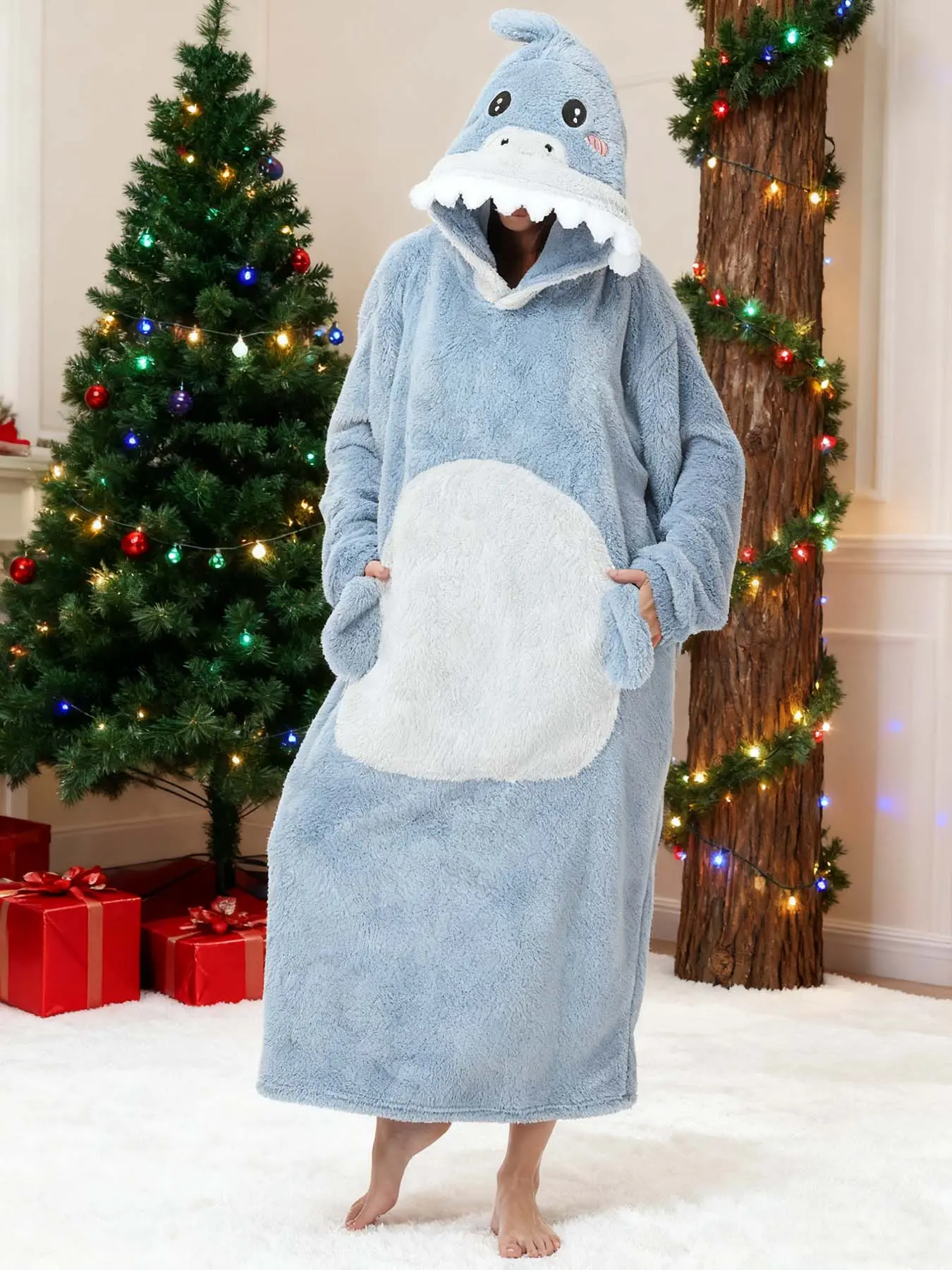 Women's Cute Animal Print Nightdress, Long Sleeve Hooded Plush Sleep Dress, Warm Cozy Loungewear, Nightwear, Clothes, Lady, Fashion, Women's Clothes, Full Sleeves, Animal Theme, Soft Polyester, Comfortable, Warm Plush, Full Body, Normal Type, Casual