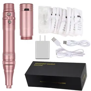Permanent Makeup Rotary Tattoo Eyebrow Pen Machine with 10PCS Needles For Eyebrows Lips Eyeliners Rose Gold