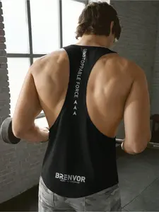 1-Piece Men's Gym Stringer Tank Top, Black "UNSTOPPABLE FORCE" Print Racerback Vest For Workout Training And Fitness Activities