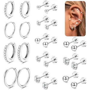 Hypoallergenic Surgical Steel Flat Back Earrings for Sensitive Ears| Silver Gold Small Stainless Steel Earrings for Women Men Tiny CZ Ball Flatback Earrings Cartilage Hoop Stud Earrings Set for Multiple Piercing 20G