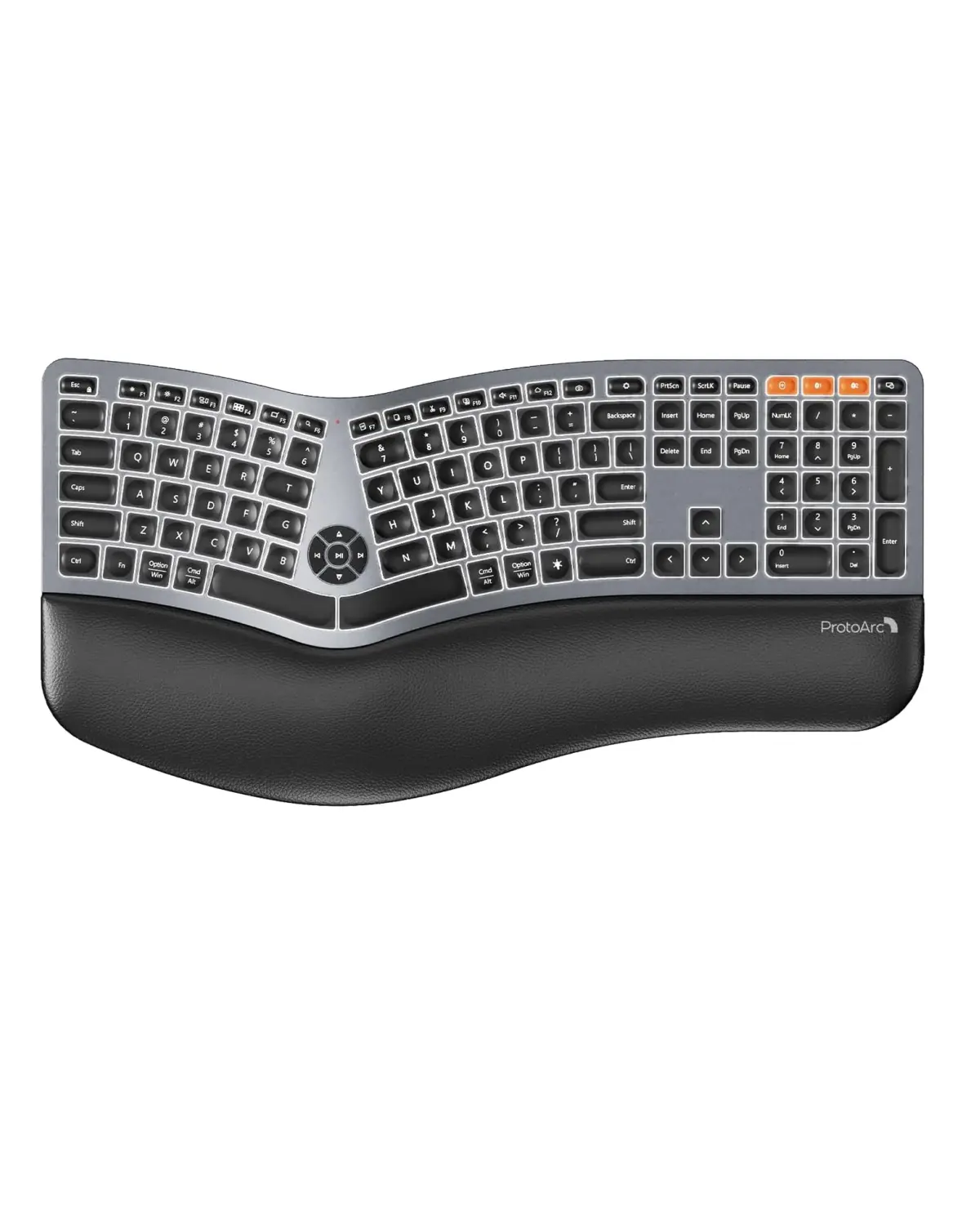 ProtoArc EK01 Plus Backlit Ergonomic Keyboard - Full-Size Sculpted Split Bluetooth Wireless Keyboard with Dual Bluetooth, USB-C Socket, Cushioned Wrist Rest, Rechargeable, Compatible with Windows/Mac/Android, Ergonomic Keyboards, Sculpted Ergonomic Keyboa