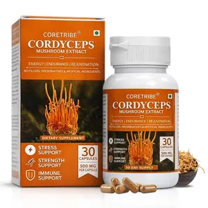 CORETRIBE Cordyceps Militaris Mushroom Extract Capsules Strength & Focus Support Vegan Non-GMO 30 Count Superfood Supplement for Health & Wellness