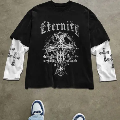 Men's Fall Two-Piece Set, Long Sleeve, Comfortable Soft Skin-Friendly Fabric, Cross Eternity Graphic Print, Trendy Dark Style Casual Wear, Clothes