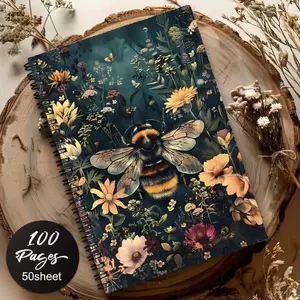 Vintage Bee & Wildflower Design Coil Notebook, 100 Pages (50 Sheets), High-Quality Paper, Suitable for Pens, Ink-Resistant