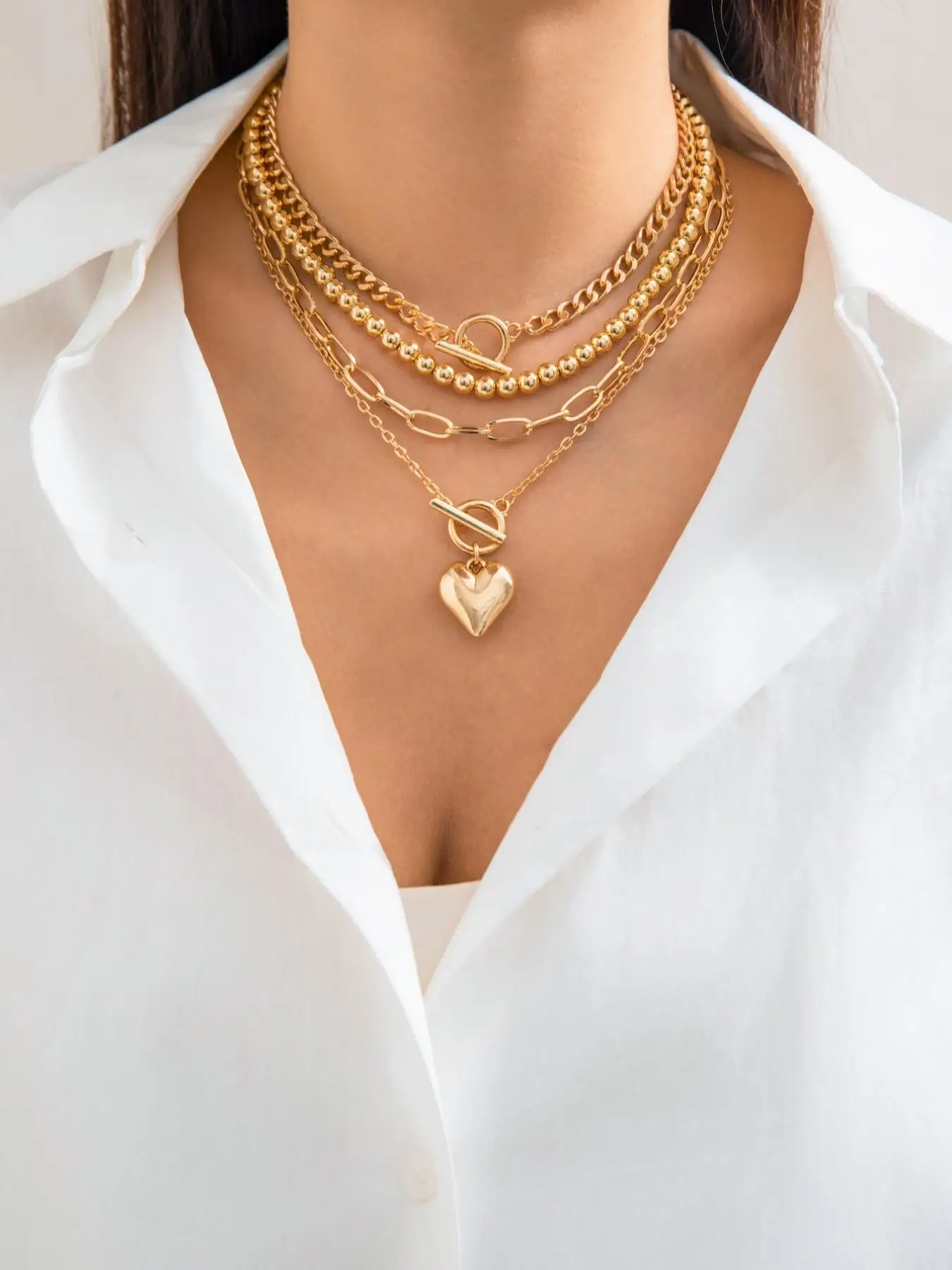 Women's Punk Style Love Heart Necklace & Chain Necklace & Beaded Necklace, Stackable Clavicle Chain, 4pcs/set Trendy Ot Buckle Design Matching Necklac